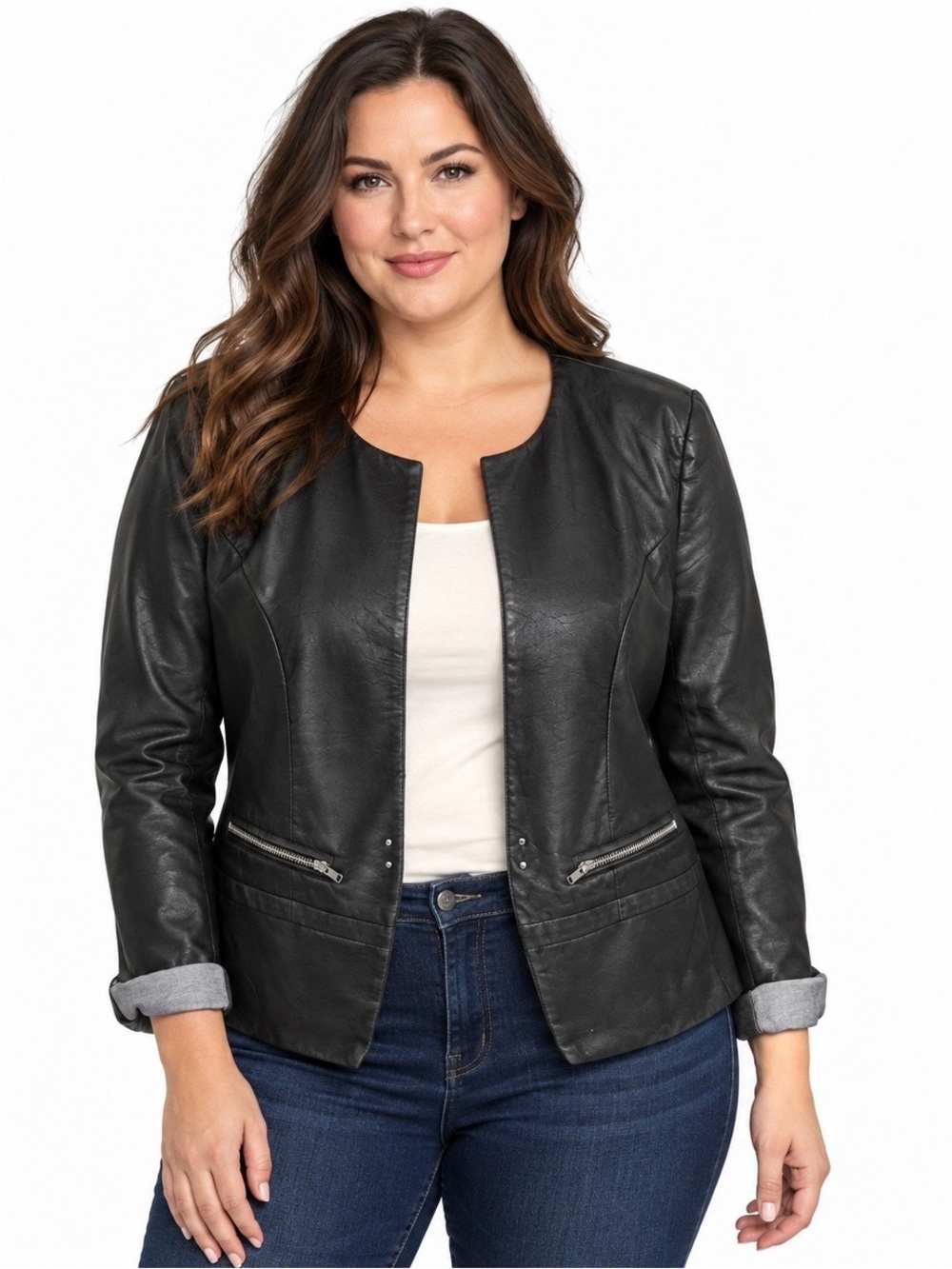 Black Rivet Women’s Large Black Faux Leather Open Front Blazer Jacket